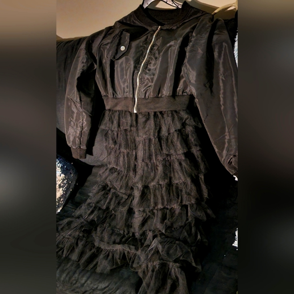 Black ruffle bomber jacket